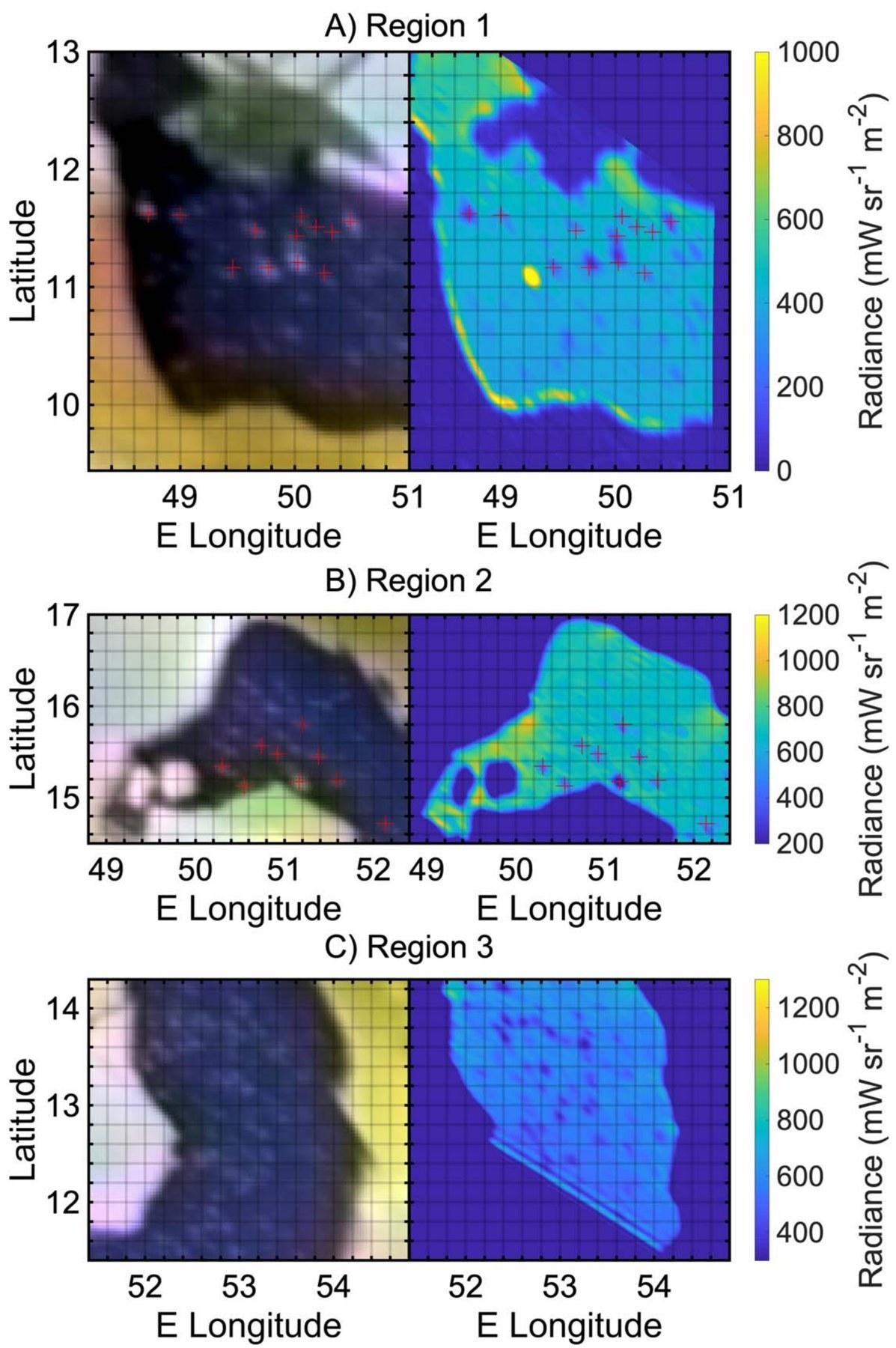 Figura 12 Dettagli di tre regioni di Loki Patera nel visibile e nell'infrarosso (banda M). Le croci rosse indicano le piccole isole, presenti nella stessa posizione da almeno 45 anni.