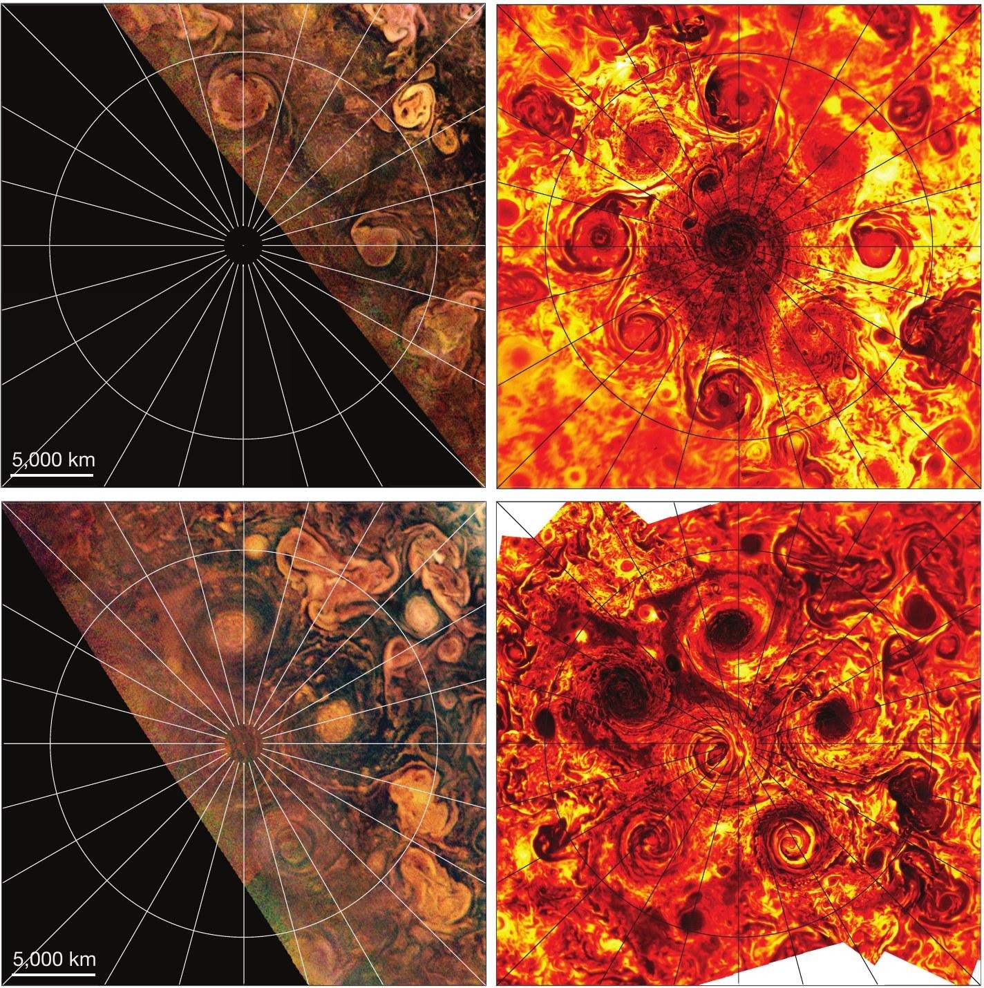 Figura 1 Jupiter's polar regions seen by JunoCam in visible light (left) and by JIRAM at 5 µm (right) during perijove PJ4 (2 February 2017). Top: the north pole, with eight cyclones around the polar cyclone; bottom: the south pole, with five cyclones.
