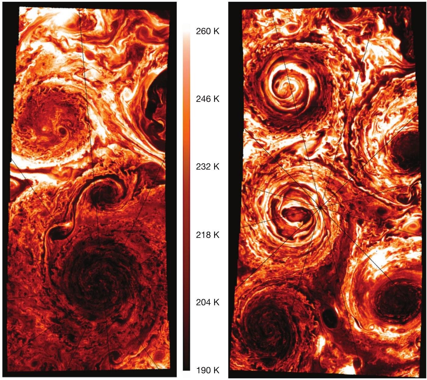 Figura 2 The highest-resolution JIRAM 5-µm maps obtained during PJ4: about 18 km/pixel for the north pole (left) and about 25 km/pixel for the south pole (right). The colour scale shows brightness temperature, between 190 and 260 K.
