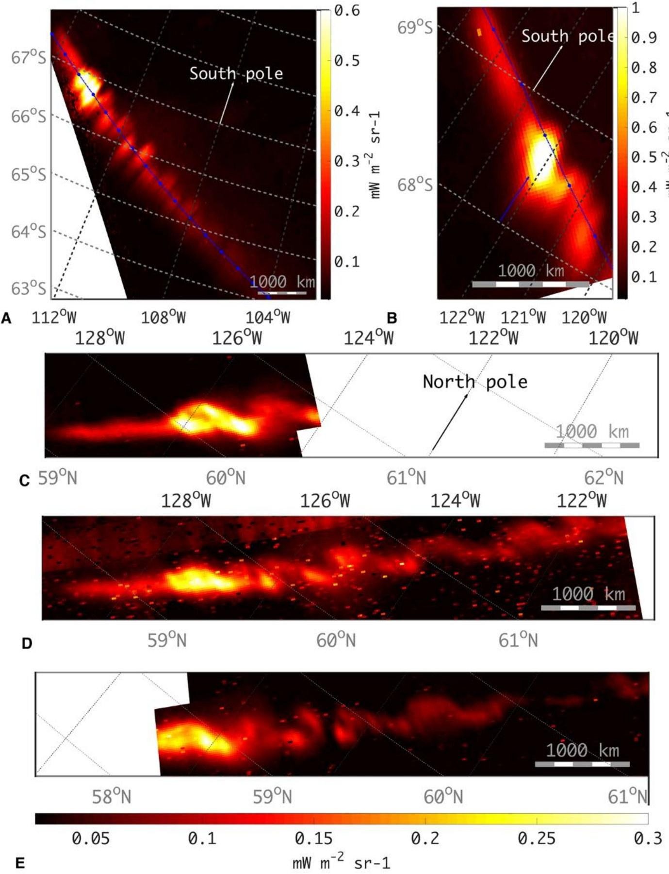Figura 4 Io's footprint observed by JIRAM on 1 September 2017 in the southern aurora (A, B) and northern aurora (C–E). The main spot is followed by a series of regularly spaced secondary spots arranged in a swirling pattern, like a