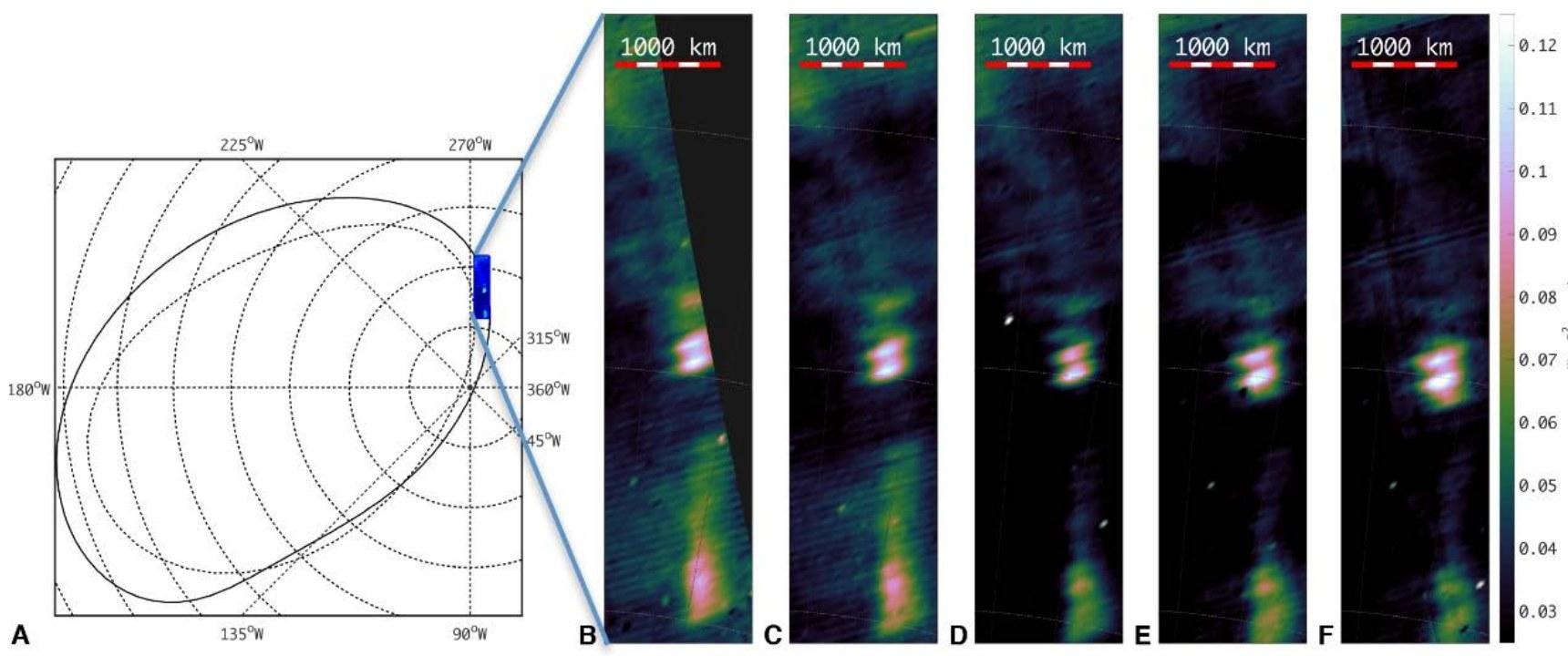 Figura 6 Five consecutive JIRAM images of Ganymede's footprint in the northern hemisphere (11 July 2017). The main spot is preceded by a fainter one.