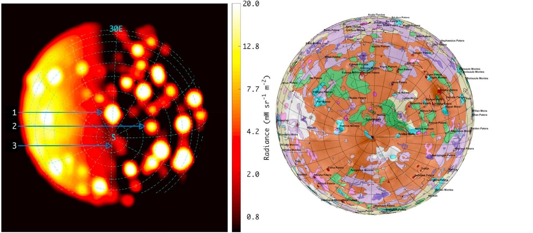 Figura 8 Left: stacked JIRAM M-band images (orbit 10) of Io's southern hemisphere. The arrows mark hot spots, including some not previously observed, one of them near the south pole. Right: Io's geological map seen from the same vantage point.