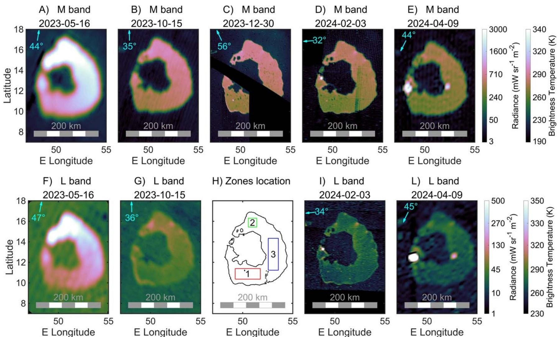 Figura 11 M-band and L-band radiance maps of Loki Patera from May 2023 to April 2024, showing how the lava lake surface cools over time.
